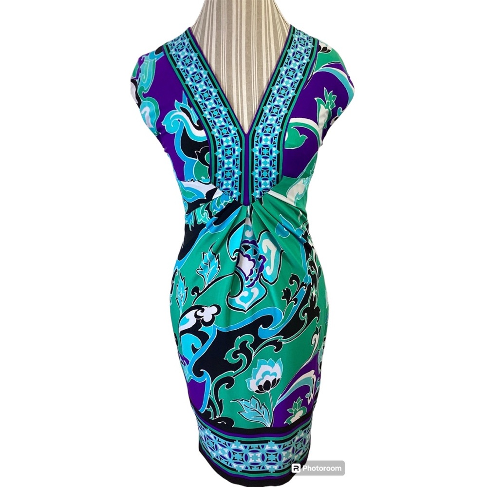 CACHE Blue/Green Baroque Print Mini Sheath Vacation Resort Dress~Small